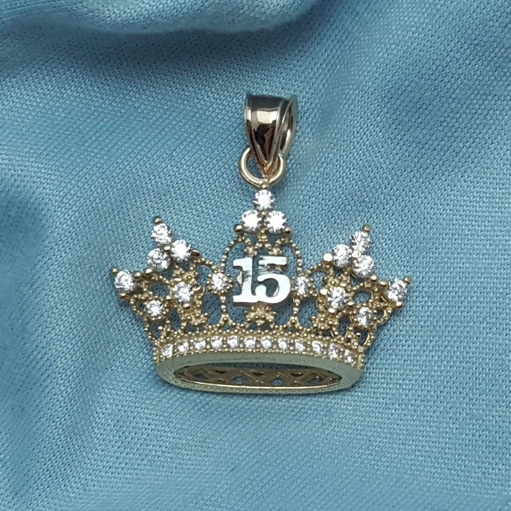 14k Multi Tone Two Tone Cubic Zirconias Quinceanera Tiara Crown 15 Charm Pendant